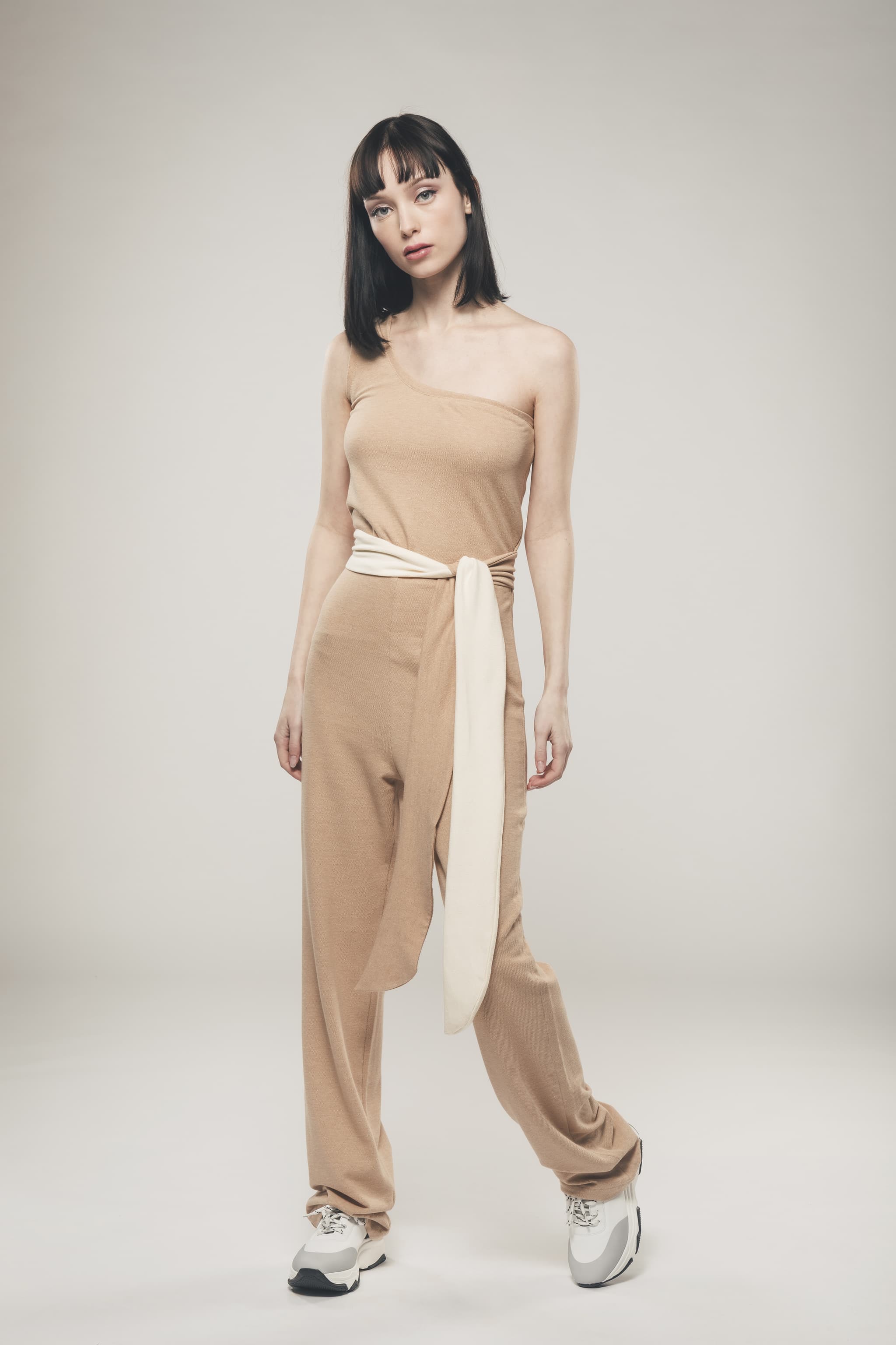 One Shoulder Jumpsuit in Light Brown